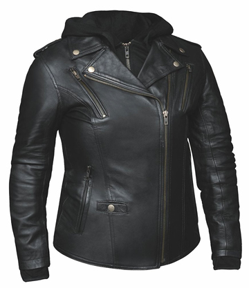 LB6841 Ladies Black Lambskin Jacket with Removable Black Hoodie Large View