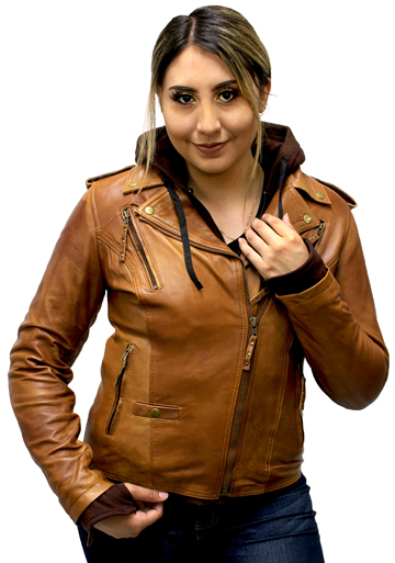LB6841 Ladies Tan Lambskin Jacket with Removable Brown Hoodie Large View
