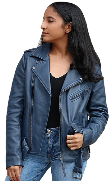 LC1082 Blue Cowhide Ladies Vintage Traditional Motorcycle Jacket with Half Belt Large View