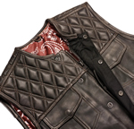 V-KNIGHT Mens Short Body Brown Leather Club Vest with Zipper and Diamond Pattern Back View